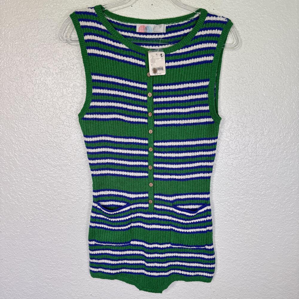 Free People Romper Womens Small Green Striped Knit Button Pockets One Piece FP